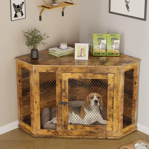 Vista 13 de PUKAMI Muebles de jaula para perros de esquina de 44 pulgadas, muebles de perrera para perros de madera con malla, casa decorativa de madera