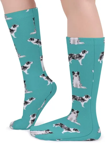Vista 4 de Calcetines deportivos unisex novedosos, Border Collie Blue Merle Dog Turquoise para invierno, cálidos y acogedores, calcetines atléticos casuales