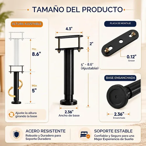 Vista 2 de 2 patas de soporte de marco de cama de altura ajustable, patas de soporte de marco de cama de acero extra resistentes con base de goma más ancha
