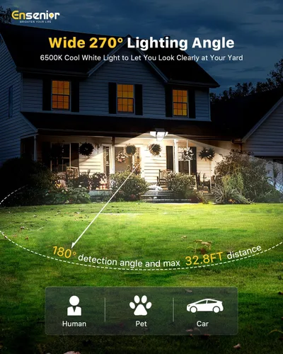 Vista 4 de Ensenior Luces solares para exteriores de 2600 lúmenes, luz exterior con sensor de movimiento y control remoto, impermeable IP65, 279 LED, 4