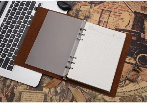 Vista 2 de Carpeta clásica con anillos de cuero, A5, A6, A7, cubierta de piel auténtica, diario, cuaderno de bocetos, planificador de papelería