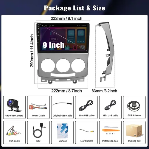 Vista 8 de Radio estéreo Android 15 de 4 núcleos 64G para Mazda 5 2005-2010 con CarPlay Android Auto, pantalla táctil HD de 9 pulgadas, unidad principal