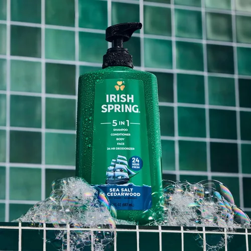 Vista 2 de Irish Spring Gel de baño hidratante 5 en 1 para hombres, champú, acondicionador, lavado corporal y facial, y desodorante 24 horas, sin parabenos