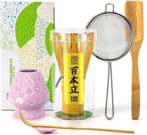 Vista 10 de TEANAGOO Set de Batidor de Matcha, Batidor de Bambú Matcha (100 puntas) con Soporte Negro, Set de Inicio Tradicional de 6 Piezas, Cuchara