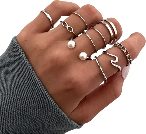 Vista 7 de Juego de anillos negros para nudillos para mujeres y niñas, vintage, apilables, anillos midi bohemios, de cristal, perla y ola marina, paquete