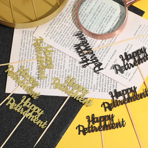Vista 3 de 36 piezas de adornos oficiales para cupcakes de jubilación con purpurina para jubilados, decoración de pasteles para fiestas temáticas de despedida