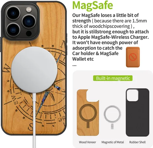 Vista 5 de Carveit Funda protectora de madera de diseñador para iPhone 13 Pro, cubierta magnética, grabado en madera e incrustaciones de concha, funda