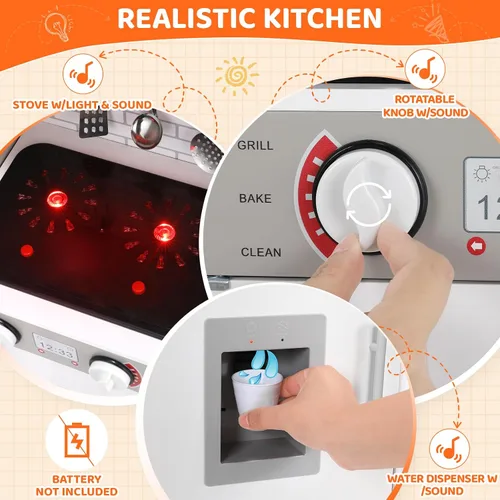 Vista 6 de Arlopu Juego de cocina para niños, juego de juguetes de madera con diseño realista, sonidos de luces, ollas y utensilios para niños y niñas a partir