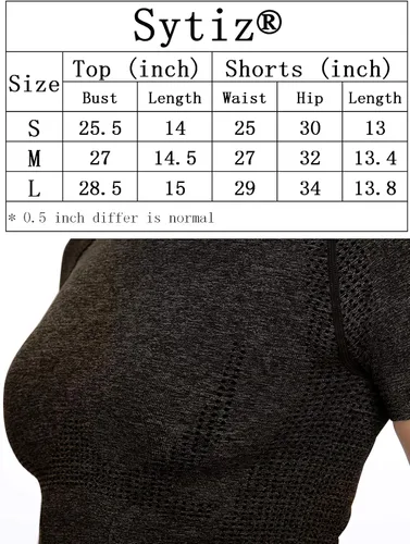 Vista 7 de Sytiz Conjunto de 2 piezas de yoga sin costuras para mujer, pantalones cortos de gimnasio y camiseta corta de manga corta