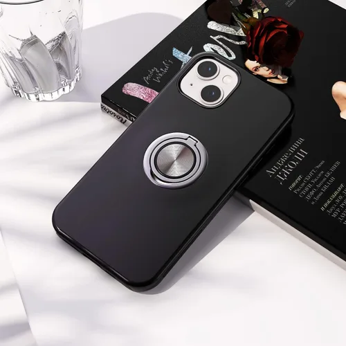 Vista 7 de Funda compatible con iPhone 15 con protector de pantalla de vidrio templado, resistente funda protectora delgada 2 en 1 con soporte de anillo Negro