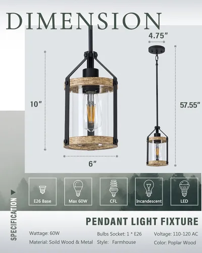 Vista 5 de Lámparas colgantes de granja, iluminación colgante de madera y vidrio para isla de cocina, luces colgantes rústicas MD89418-B