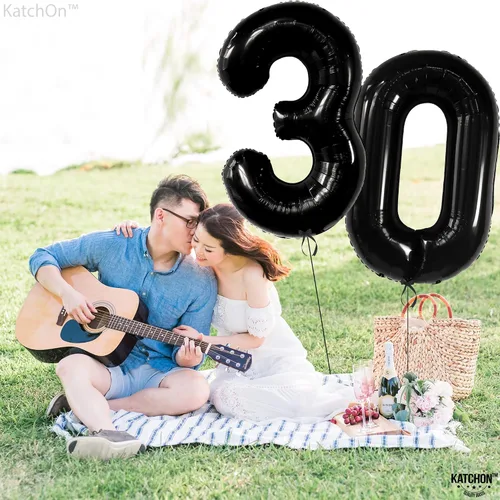 Vista 8 de Katchon, Globos negros del número 30, 40 pulgadas, globos negros de 30 cumpleaños, decoraciones de cumpleaños de 30 para él y ella, decoraciones