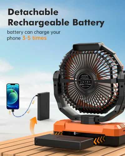 Vista 2 de Ventilador de camping 3 en 1 - Ventilador recargable con batería desmontable y gancho con luz para tienda de campaña, al aire libre - Ventilador