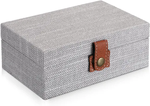 Vista 12 de Hipiwe Joyero de cofre del tesoro, caja decorativa de madera con cierre, caja de recuerdos cubierta de lino, caja de recuerdos rectangular