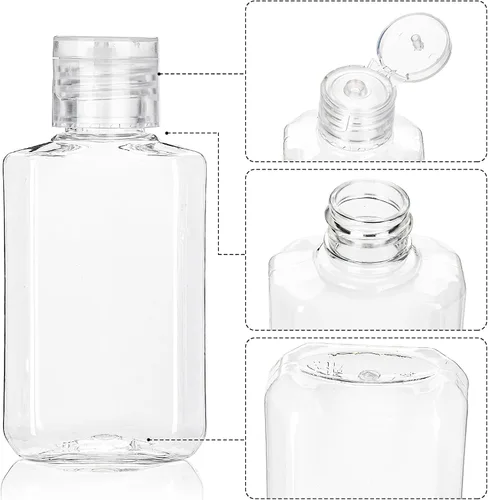Vista 4 de Pumtus Paquete de 60 botellas de plástico recargables con tapa abatible, desinfectante de manos vacío transparente de 2 onzas con tapa abatible