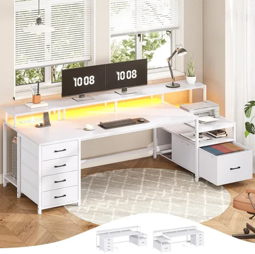 Vista 17 de SEDETA Escritorio para computadora con 5 cajones, toma de corriente, luces Negro con luces LED