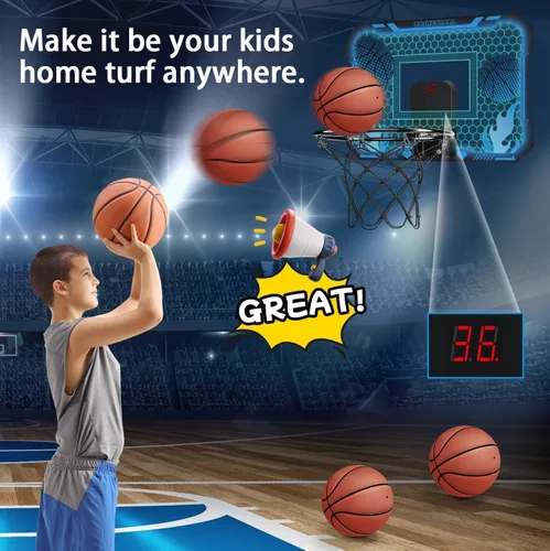 Vista 2 de VROGTIK Aro de baloncesto interior para niños con luces LED, mini aro de baloncesto con control remoto sobre la puerta, aros de baloncesto