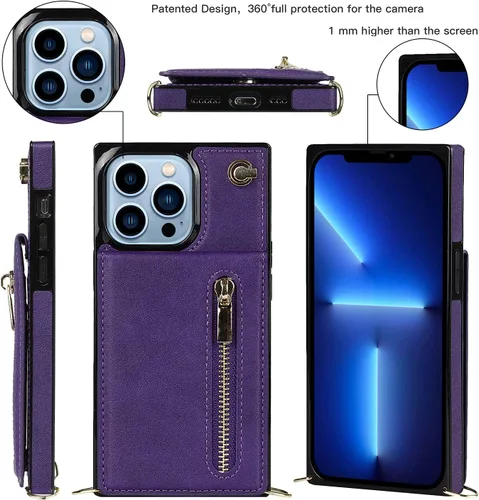 Vista 3 de Funda compatible con iPhone 13 de 6.1 pulgadas, a prueba de golpes, bolsillo con cremallera, correa de hombro, elegante funda protectora para iPhone