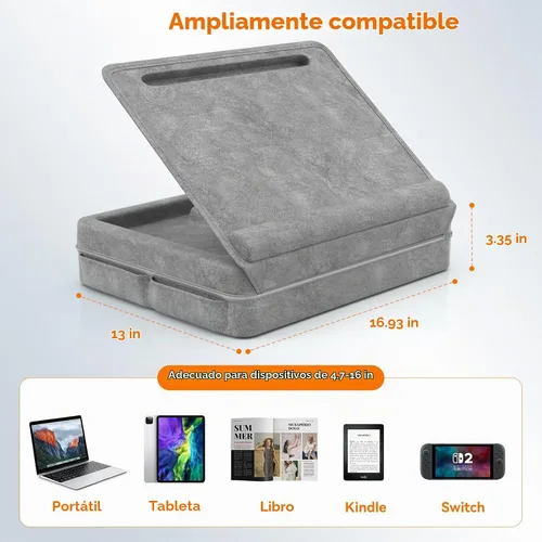 Vista 8 de KDD Escritorio de regazo para laptop con cojín, mesa para laptop con almacenamiento para cama y sofá, soporte de almohada ajustable con tira