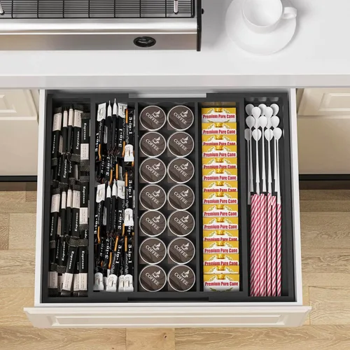 Vista 6 de Organizador de utensilios de cocina, bandeja de cubiertos – Organizador de cubiertos de bambú expandible, 5 ranuras, organizador de cubiertos Negro