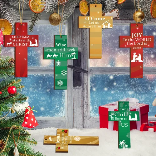 Vista 6 de Poen 24 adornos colgantes de cruz de madera con cuerdas, adorno de Navidad a granel para árbol de Navidad, decoración de cumpleaños, boda, fiesta
