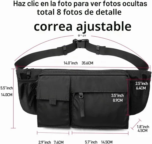 Vista 6 de Riñonera grande impermeable negra para hombres y mujeres, bolsa de cinturón, bolsa de cadera con correa ajustable, riñonera ligera de primera