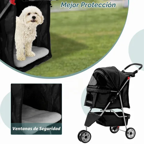 Vista 3 de Cochecito para perros con cesta de almacenamiento, cochecito para mascotas de 3 ruedas, transpirable, compacto, portátil, plegable, para viajes Negro