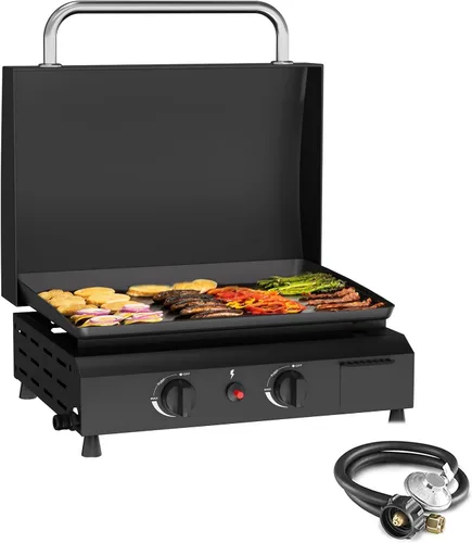 Vista 15 de SKOK Parrilla de gas de 3 quemadores con campana, parrilla de propano para exteriores de 25.6 pulgadas, parrilla de gas portátil con parte superior