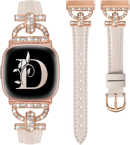 Vista 7 de Minyee Correas de cuero compatibles con Fitbit Versa 4/Versa 3/Sense 2/Sense Band para mujer, correa de cuero delgada elegante con diamantes