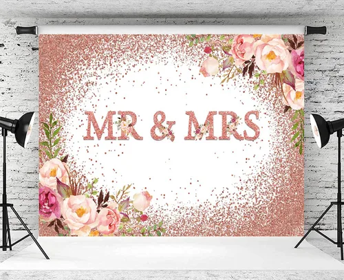 Vista 4 de Telón de fondo de boda de 5 x 3 pies con texto en inglés "Mr and Mrs Bridal Shower Fotografía", flores de oro rosa rosa con flores de novia