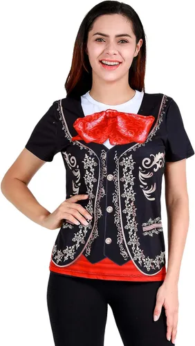Vista 4 de Funny World Camisetas de mariachi para mujer, disfraz de fiesta mexicana de manga corta
