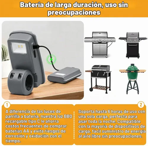 Vista 4 de Luz de parrilla recargable, rotación flexible de 360°, luz LED de mango de barbacoa, carga tipo C, batería de larga duración de 6 horas, accesorios