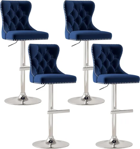Vista 15 de Juego de 2 taburetes de bar, taburetes giratorios de terciopelo con respaldo copetudo, asiento ajustable con ribete de cabezas de clavos, sillas