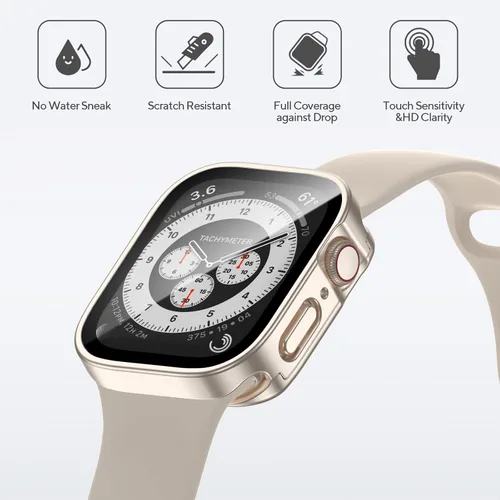 Vista 3 de Paquete de 4 fundas impermeables compatibles con Apple Watch de 1.772 pulgadas Series 9/8/7 con protector de pantalla de vidrio templado, cobertura