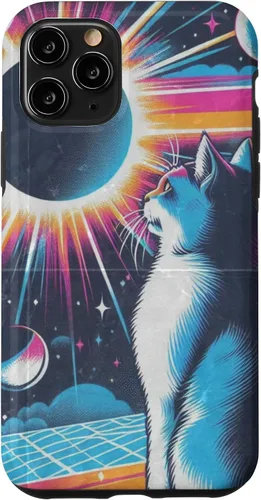 Vista 10 de iPhone 15 Cat Solar Eclipse - Synthwave Retro Poster Style Case