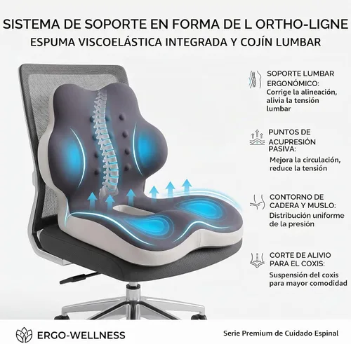Vista 6 de Cojín ergonómico de espuma viscoelástica en forma de L con soporte lumbar, cojín para silla de oficina de una pieza para coxis, alivio del dolor