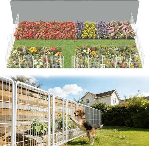 Vista 58 de FXW Valla de jardín al aire libre para el patio, 17 pulgadas de alto x 29.3 pies de largo, barrera de metal resistente para animales, para perros