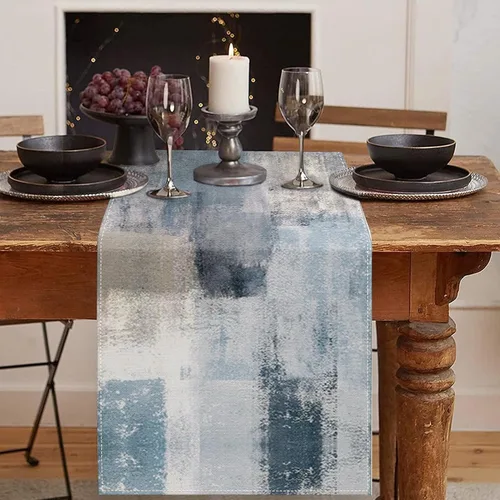Vista 14 de Emvency - Camino de mesa de estilo granja, pintura de arte abstracto vintage en azul y gris para mesa de cocina, cenas familiares, fiestas, bodas