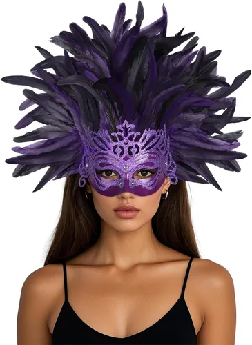 Vista 8 de Tocado de plumas para mujer, máscara de carnaval, tocado de plumas para carnaval, accesorios de fiesta de Mardi Gras