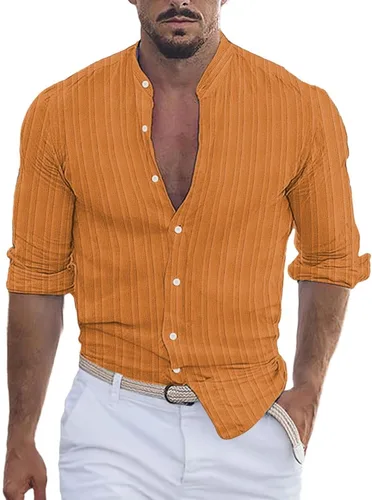 Vista 14 de Camisa de lino de algodón para hombre, manga larga con botones, cuello alto con bandas para playa y verano