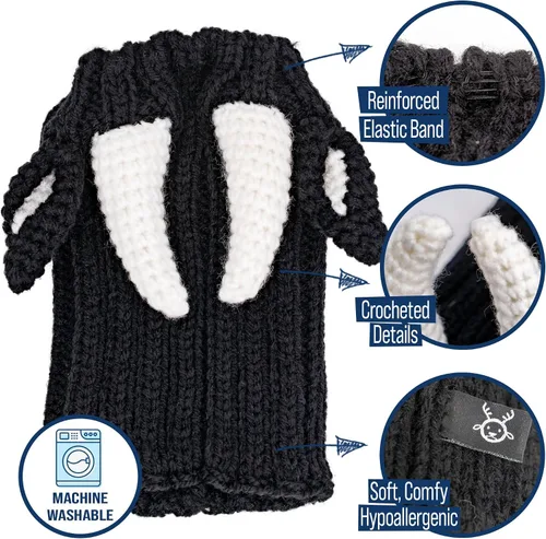 Vista 4 de Zoo Snoods - Disfraz de vaca para perro, disfraz de toro para perros (talla M) Soft knit snood ear warmer with hand-crocheted cow horns and ears