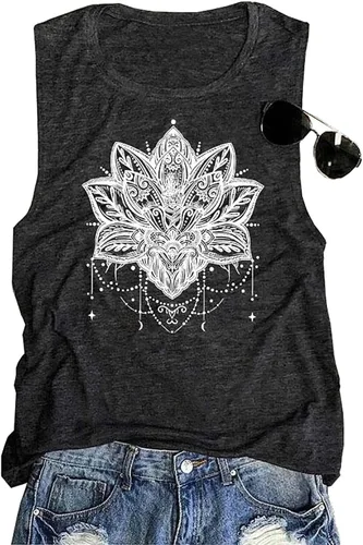 Vista 4 de BOMYTAO Camiseta sin mangas con diseño de mandala de loto para mujer, diseño de geometría sagrada, para meditación, regalo