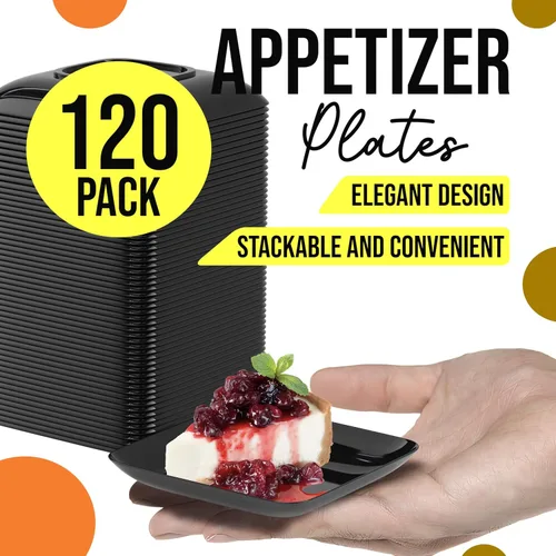 Vista 8 de Exquisite Mini platos de postre pequeños, paquete de 120 platos desechables negros de 2.4 x 2.4 pulgadas, pequeños de plástico sin BPA para bodas