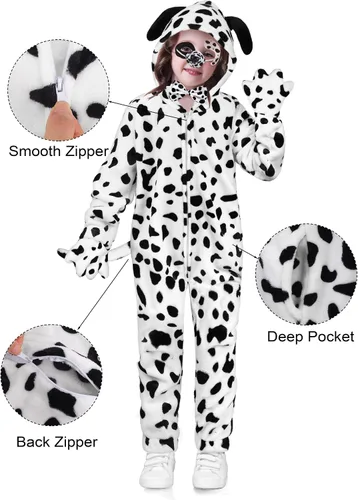 Vista 5 de AOTHSO Conjunto de 6 piezas de disfraz de perro dálmata de Halloween para niños y niñas, disfraz de una pieza, guantes y corbatín