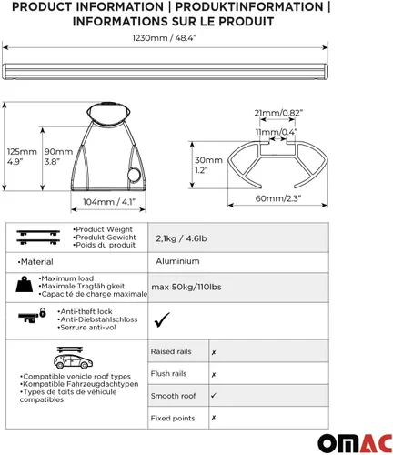 Vista 4 de OMAC Barras transversales de techo para VW Jetta A4 2000-2005 bloqueable 110 libras aluminio negro 2 piezas se adapta a portadores de carga, kayak