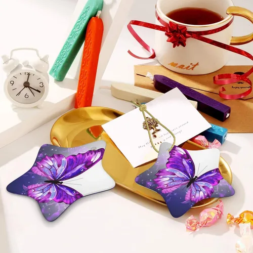 Vista 6 de Adornos de árbol de Navidad colgantes de mariposa morada, adornos de cerámica, decoración de porcelana de Navidad, adorno colgante para el hogar