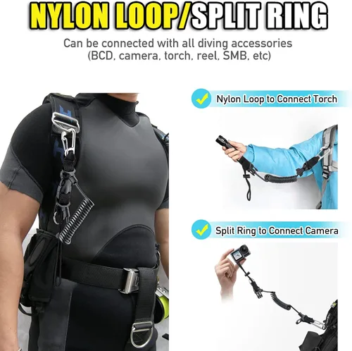Vista 4 de Buceo bobina Landyard, cordón de acero inoxidable para cámara en espiral con hebilla de metal de liberación rápida