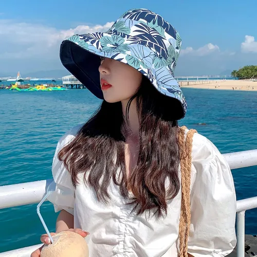 Vista 2 de HUAMULAN Sombrero de sol de verano para mujer, ala ancha, borde con alambre, floral, playa, cubo, sombreros reversibles, plegables, protección UV