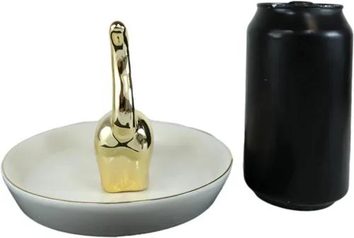 Vista 5 de Ebros - Figura de cerámica chapada en oro para anillo y joyero de porcelana de hueso y soporte para joyería, 4.5 pulgadas de alto, felino curiosidad