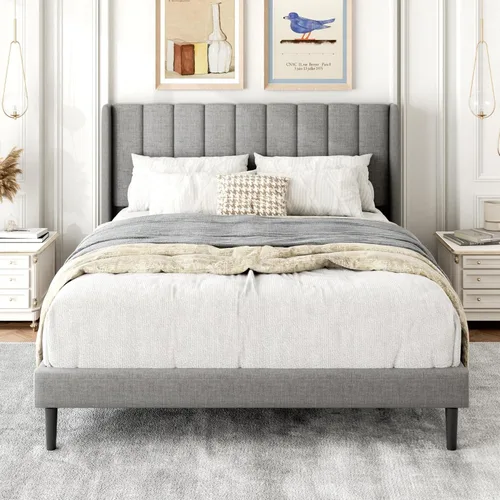 Vista 10 de Gruwans Base de cama de tamaño individual con cabecera tapizada con respaldo de ala, plataforma de fácil montaje, soporte de listones de madera,